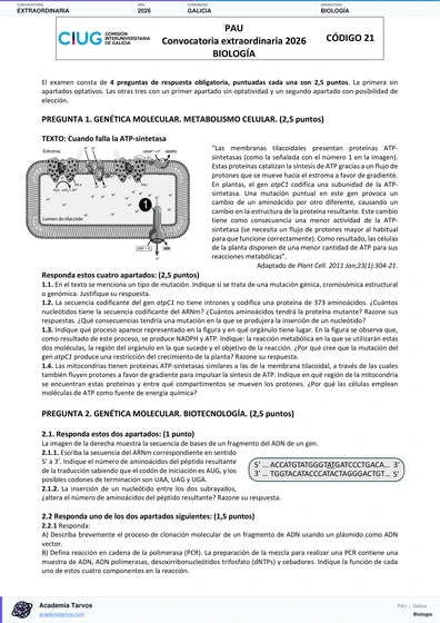 Vista previa de Examen PAU de Biología de Galicia 2026 – Extraordinaria