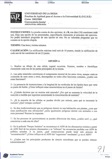 Vista previa de Examen PAU de Biología de La Rioja 2003 – Ordinaria
