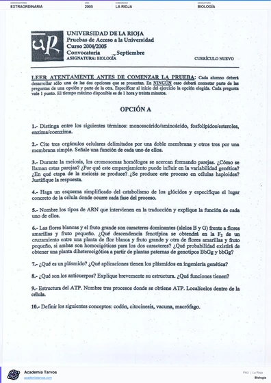 Vista previa de Examen PAU de Biología de La Rioja 2005 – Extraordinaria