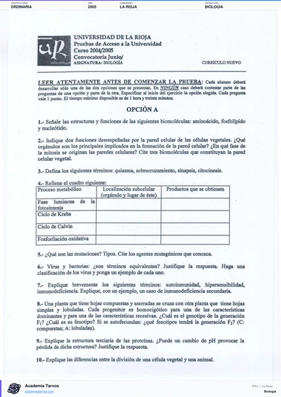 Vista previa de Examen PAU de Biología de La Rioja 2005 – Ordinaria