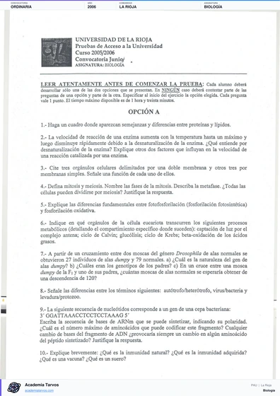 Vista previa de Examen PAU de Biología de La Rioja 2006 – Ordinaria