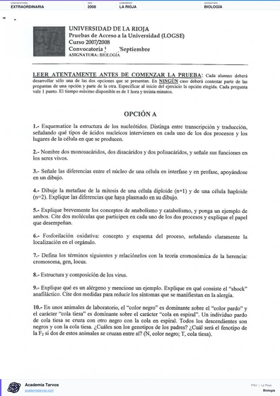 Vista previa de Examen PAU de Biología de La Rioja 2008 – Extraordinaria