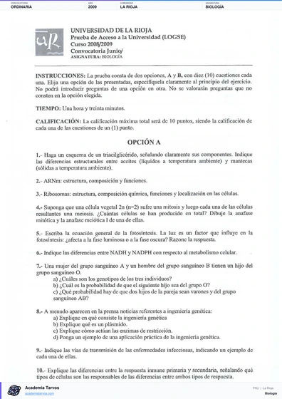 Vista previa de Examen PAU de Biología de La Rioja 2009 – Ordinaria
