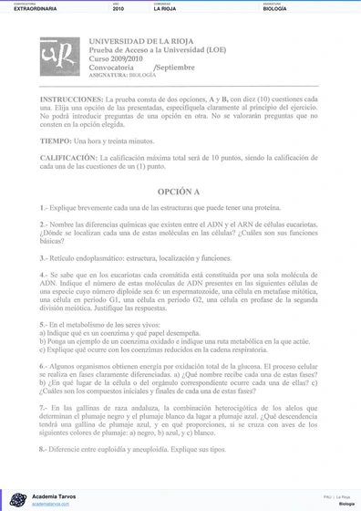 Vista previa de Examen PAU de Biología de La Rioja 2010 – Extraordinaria