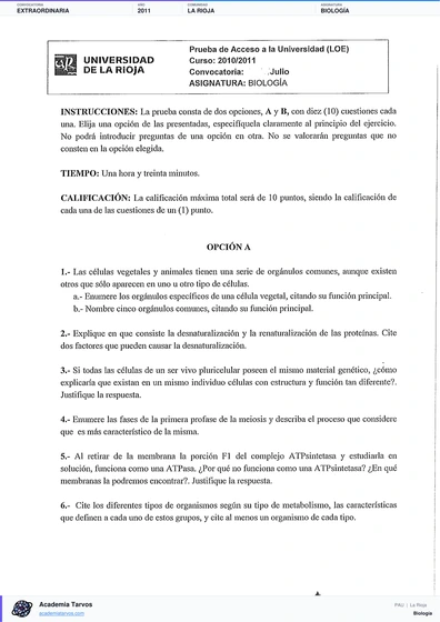 Vista previa de Examen PAU de Biología de La Rioja 2011 – Extraordinaria