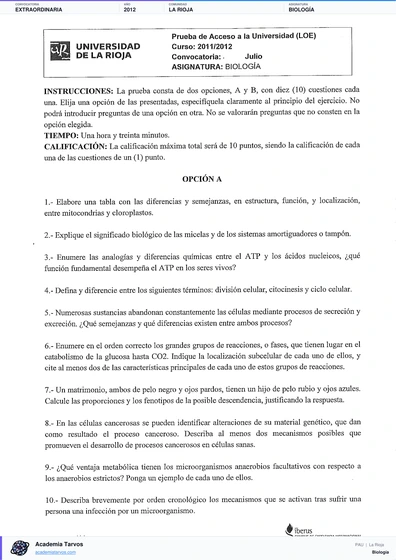 Vista previa de Examen PAU de Biología de La Rioja 2012 – Extraordinaria