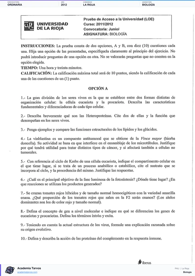 Vista previa de Examen PAU de Biología de La Rioja 2012 – Ordinaria