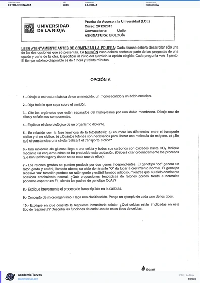 Vista previa de Examen PAU de Biología de La Rioja 2013 – Extraordinaria