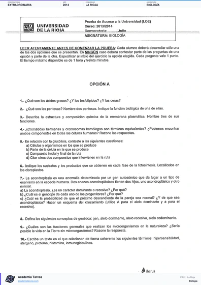 Vista previa de Examen PAU de Biología de La Rioja 2014 – Extraordinaria