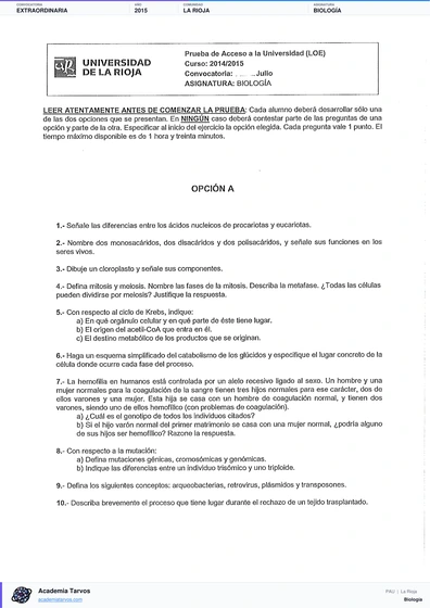 Vista previa de Examen PAU de Biología de La Rioja 2015 – Extraordinaria