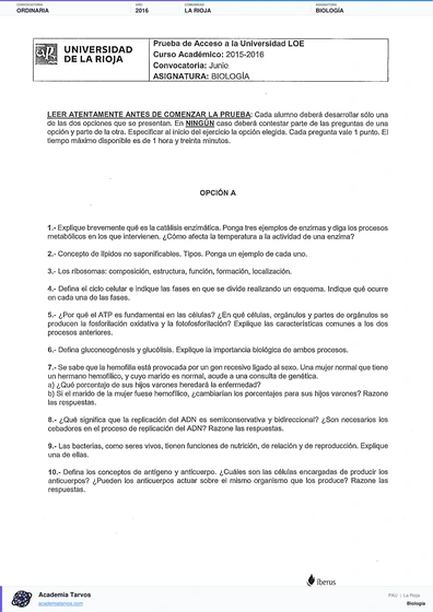 Vista previa de Examen PAU de Biología de La Rioja 2016 – Ordinaria