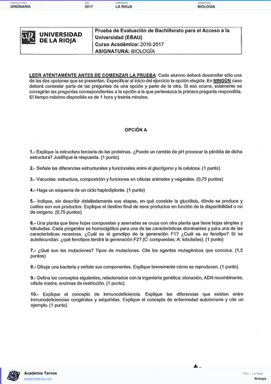 Vista previa de Examen PAU de Biología de La Rioja 2017 – Ordinaria