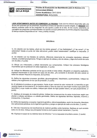 Vista previa de Examen PAU de Biología de La Rioja 2018 – Extraordinaria