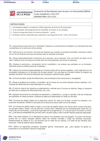 Vista previa de Examen PAU de Biología de La Rioja 2021 – Extraordinaria