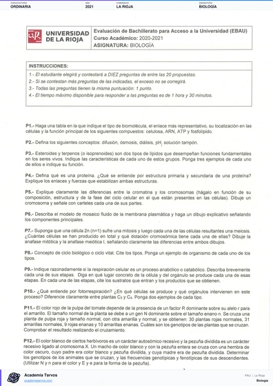 Vista previa de Examen PAU de Biología de La Rioja 2021 – Ordinaria