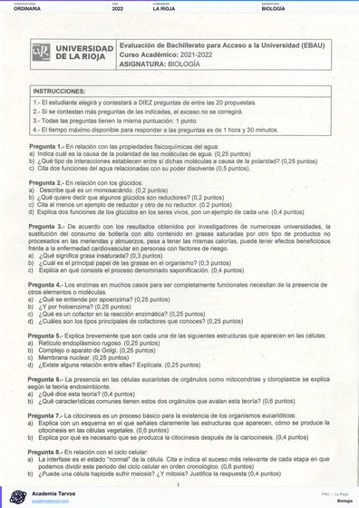 Vista previa de Examen PAU de Biología de La Rioja 2022 – Ordinaria