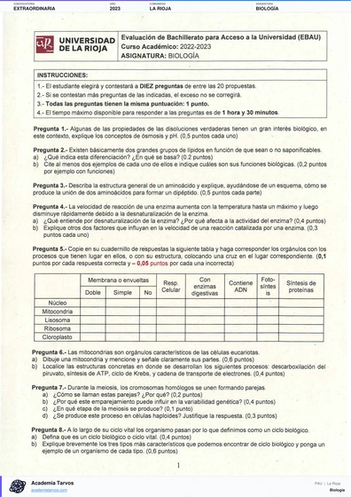 Vista previa de Examen PAU de Biología de La Rioja 2023 – Extraordinaria