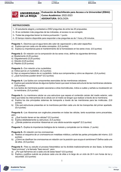 Vista previa de Examen PAU de Biología de La Rioja 2023 – Ordinaria