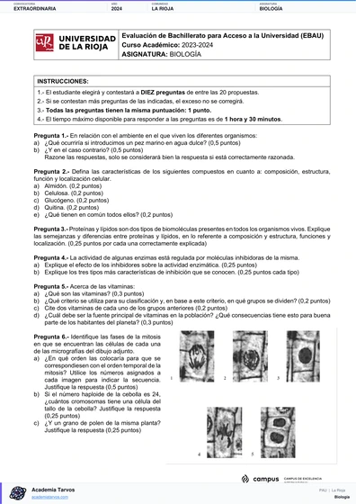Vista previa de Examen PAU de Biología de La Rioja 2024 – Extraordinaria