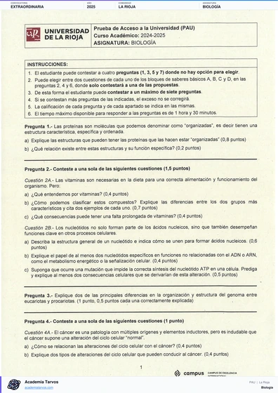 Vista previa de Examen PAU de Biología de La Rioja 2025 – Extraordinaria