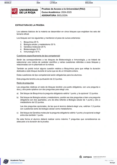 Vista previa de Modelo PAU de Biología de La Rioja 2025