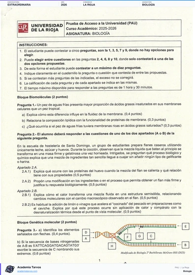 Vista previa de Examen PAU de Biología de La Rioja 2026 – Extraordinaria