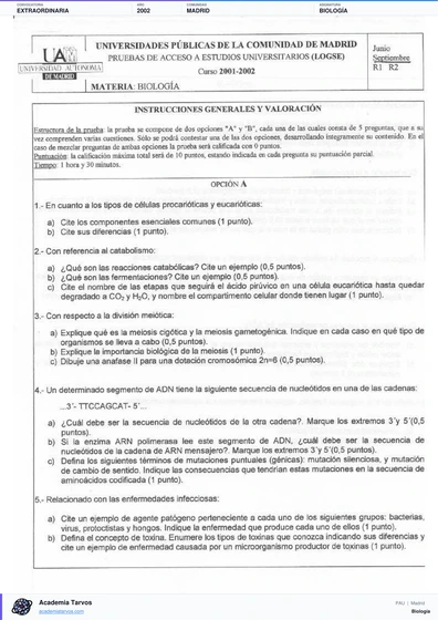 Vista previa de Examen PAU de Biología de Comunidad de Madrid 2002 – Extraordinaria