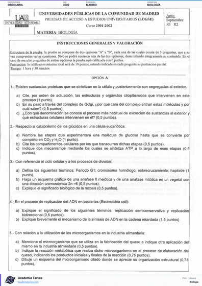 Vista previa de Examen PAU de Biología de Comunidad de Madrid 2002 – Ordinaria
