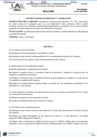Vista previa de Examen PAU de Biología de Comunidad de Madrid 2003 – Extraordinaria