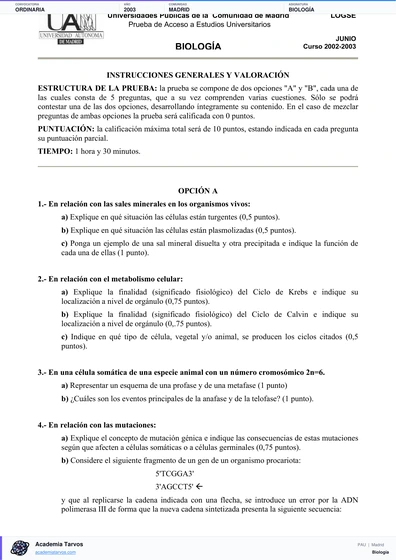 Vista previa de Examen PAU de Biología de Comunidad de Madrid 2003 – Ordinaria