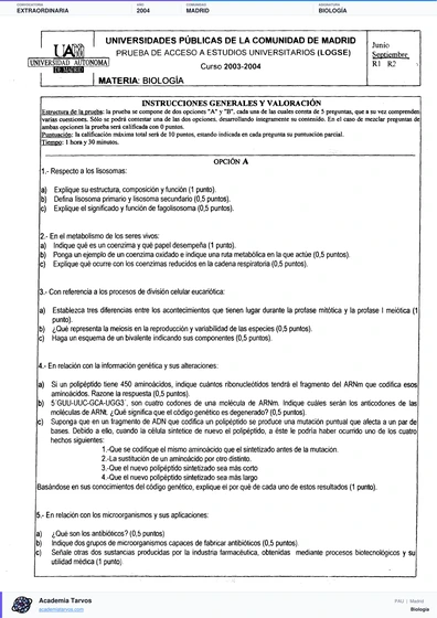 Vista previa de Examen PAU de Biología de Comunidad de Madrid 2004 – Extraordinaria