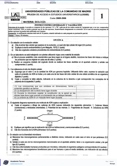 Vista previa de Examen PAU de Biología de Comunidad de Madrid 2006 – Extraordinaria