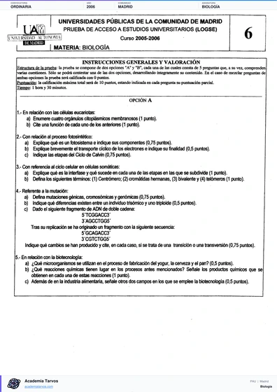 Vista previa de Examen PAU de Biología de Comunidad de Madrid 2006 – Ordinaria