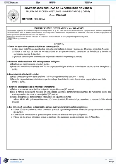 Vista previa de Examen PAU de Biología de Comunidad de Madrid 2007 – Extraordinaria