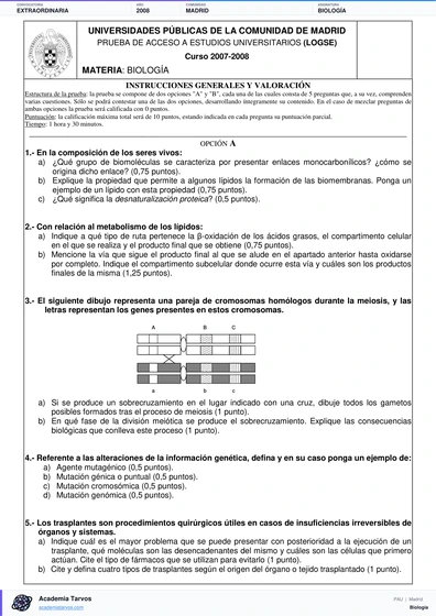 Vista previa de Examen PAU de Biología de Comunidad de Madrid 2008 – Extraordinaria