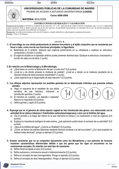 Vista previa de Examen PAU de Biología de Comunidad de Madrid 2009 – Ordinaria