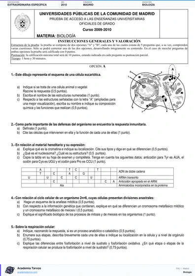 Vista previa de Examen PAU de Biología de Comunidad de Madrid 2010 – Extraordinaria Específica