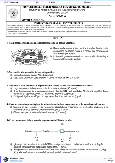 Vista previa de Examen PAU de Biología de Comunidad de Madrid 2010 – Extraordinaria