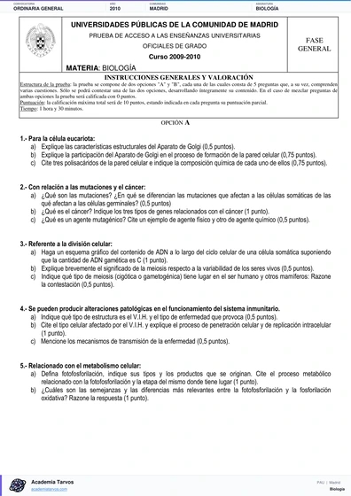 Vista previa de Examen PAU de Biología de Comunidad de Madrid 2010 – Ordinaria General