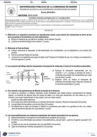 Vista previa de Examen PAU de Biología de Comunidad de Madrid 2011 – Ordinaria
