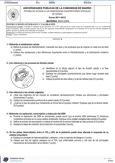 Vista previa de Examen PAU de Biología de Comunidad de Madrid 2012 – Extraordinaria