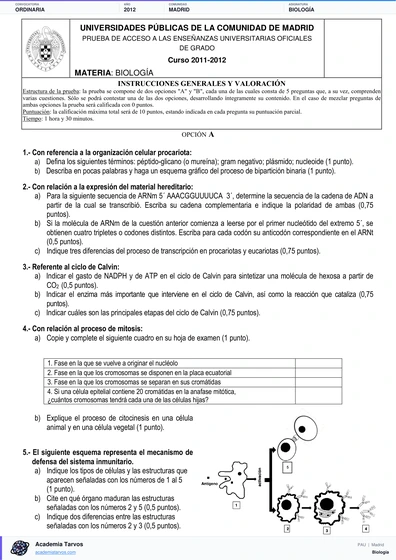 Vista previa de Examen PAU de Biología de Comunidad de Madrid 2012 – Ordinaria