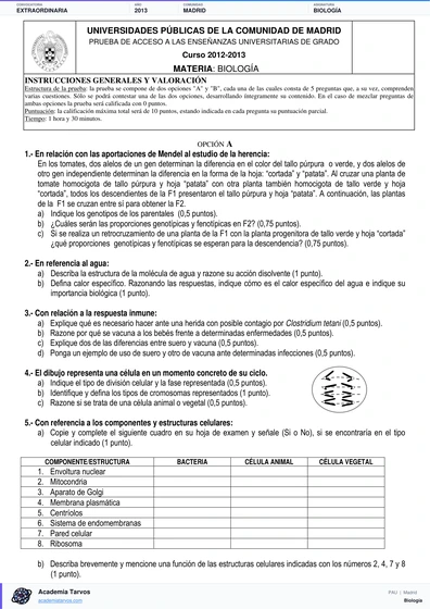 Vista previa de Examen PAU de Biología de Comunidad de Madrid 2013 – Extraordinaria