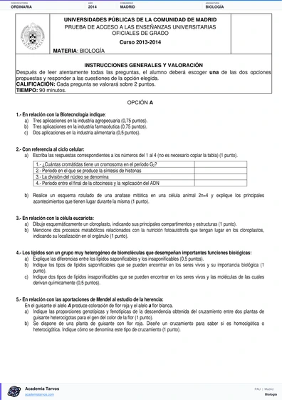 Vista previa de Examen PAU de Biología de Comunidad de Madrid 2014 – Ordinaria