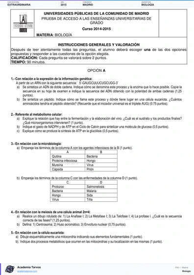 Vista previa de Examen PAU de Biología de Comunidad de Madrid 2015 – Extraordinaria