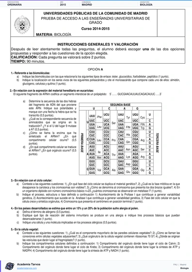 Vista previa de Examen PAU de Biología de Comunidad de Madrid 2015 – Ordinaria