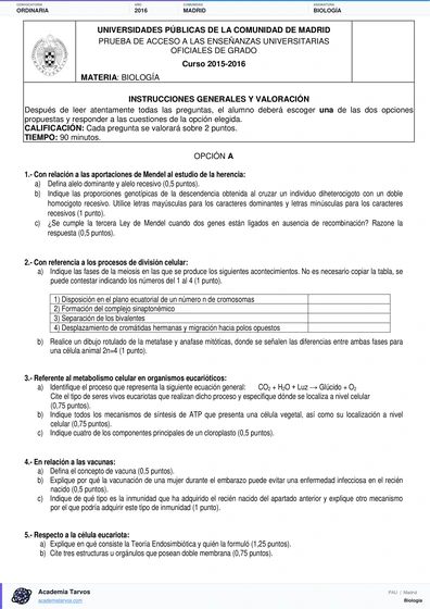 Vista previa de Examen PAU de Biología de Comunidad de Madrid 2016 – Ordinaria