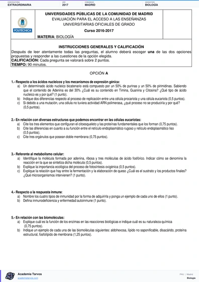 Vista previa de Examen PAU de Biología de Comunidad de Madrid 2017 – Extraordinaria