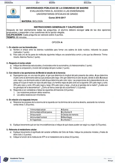 Vista previa de Examen PAU de Biología de Comunidad de Madrid 2017 – Ordinaria