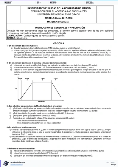 Vista previa de Modelo PAU de Biología de Comunidad de Madrid 2018